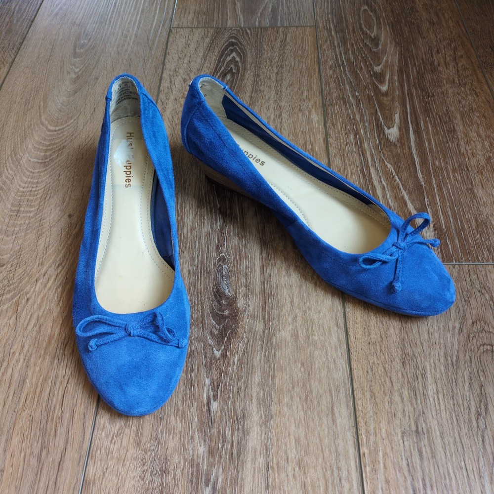 Hush Puppies Wedge Heels Blue Faux Suede Bow Round‎ Toe Comfort Size 8.5M